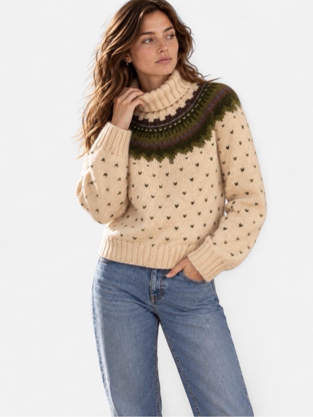J. Crew Cream Fair Isle Nordic Turtleneck Sweater with Olive & Brown Yoke Size M